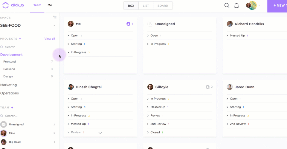 A visualização de caixa é a maneira mais rápida de ver todas as tarefas da sua equipe A visualização de caixa é a maneira mais rápida de ver todas as tarefas da sua equipe