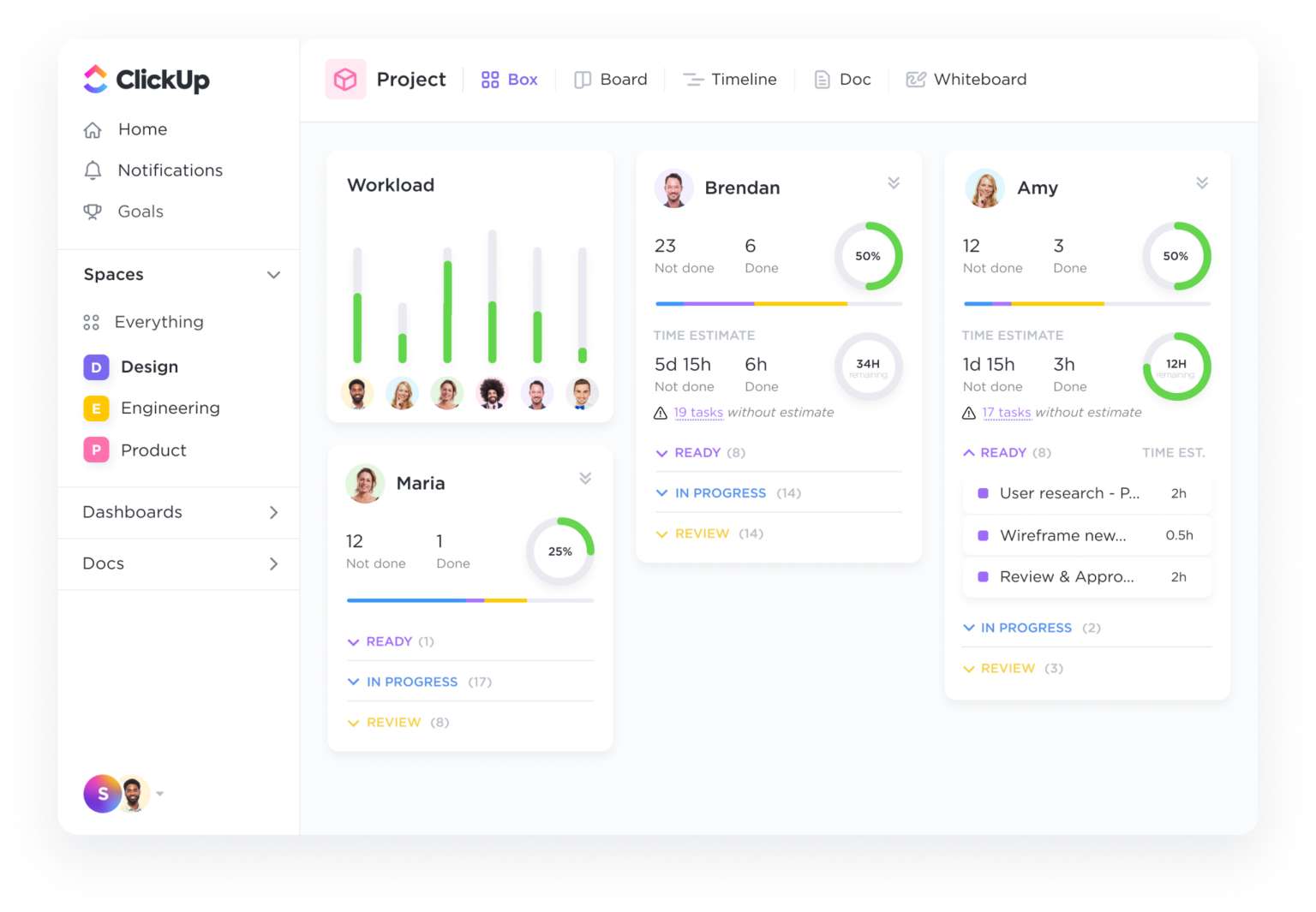 A Visão de Carga de Trabalho do ClickUp fornece insights sobre as métricas do seu projeto para estar um passo à frente.
